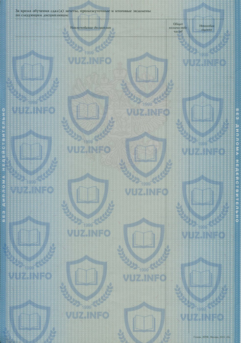 Оборотная сторона приложения диплома о высшем образовании 2011, 2012, 2013 года окончания